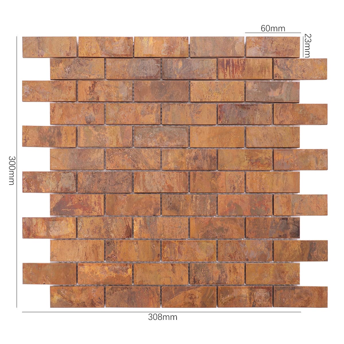 Front view of copper rectangle mosaic tile sheet with rustic finish