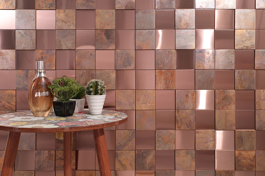 Copper square mosaic wall tiles with glossy and oxidized finishes