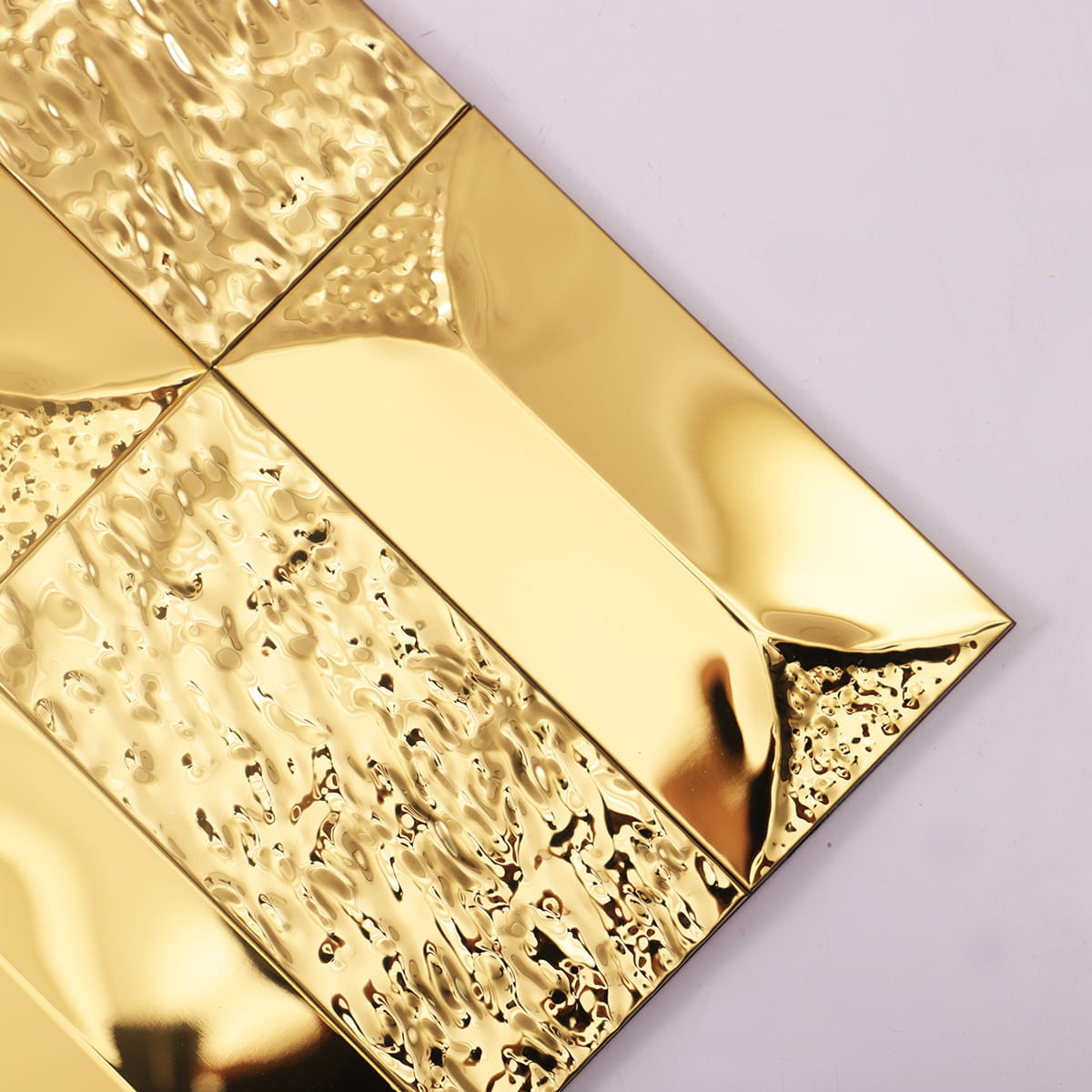 Sleek golden mosaic edge showing rich texture and crisp shine.