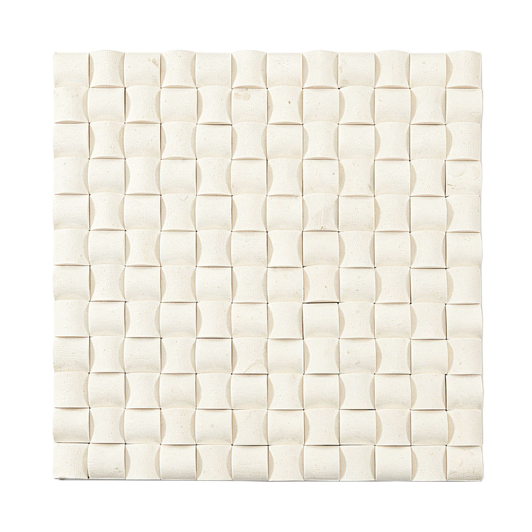 Cream 3D square mosaic tile sheet with a repeating curved relief pattern