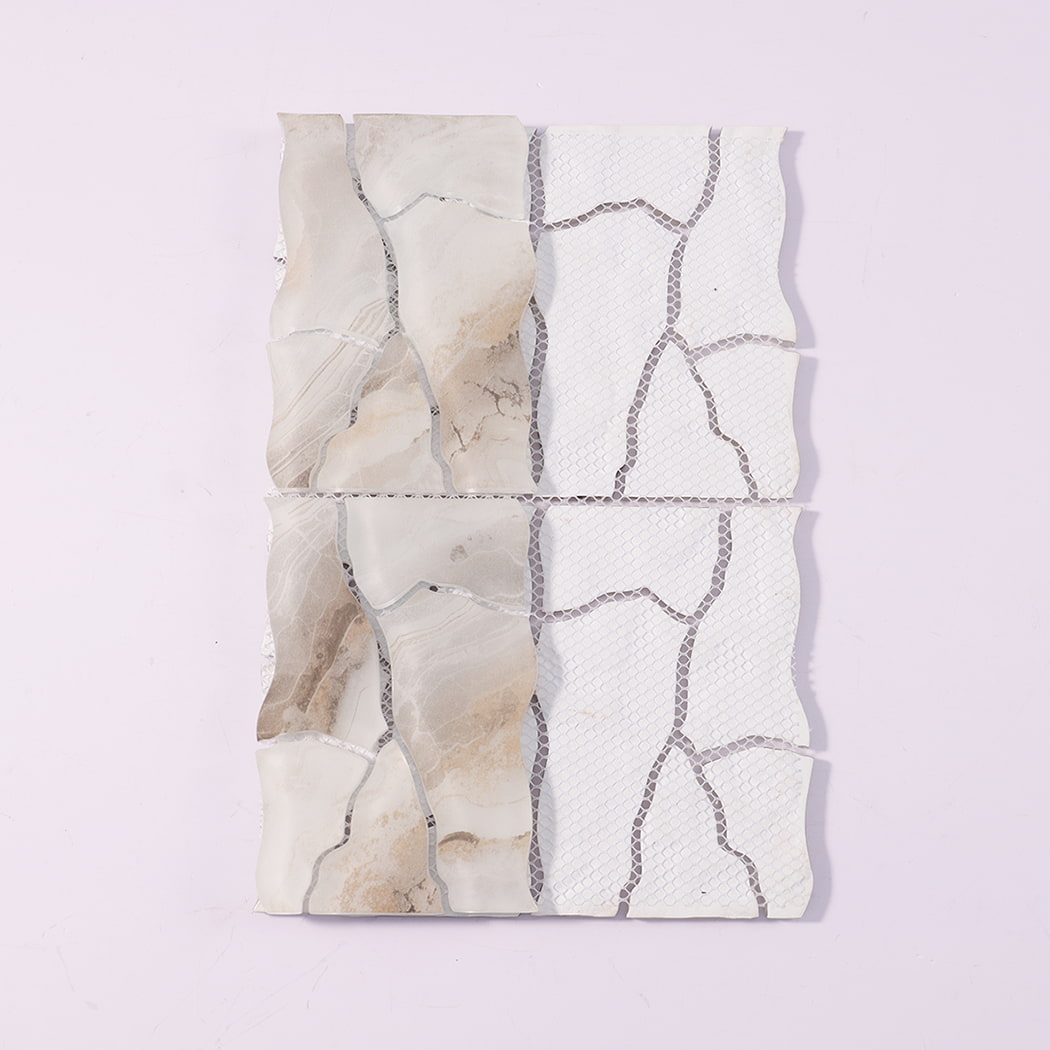 Back view of cream beige cracked glass mosaic tile sheet with mesh backing