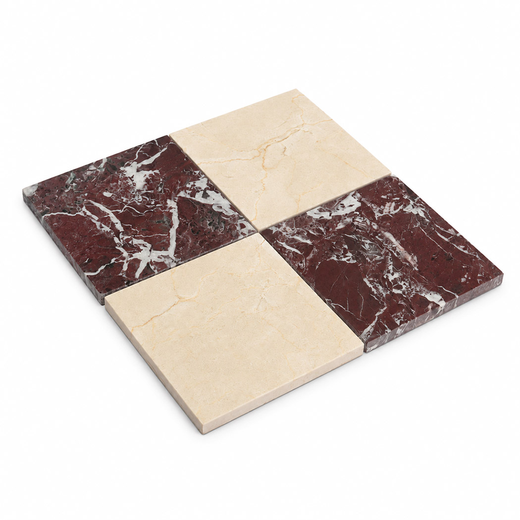 Angled view of cream and burgundy marble checkered mosaic tile