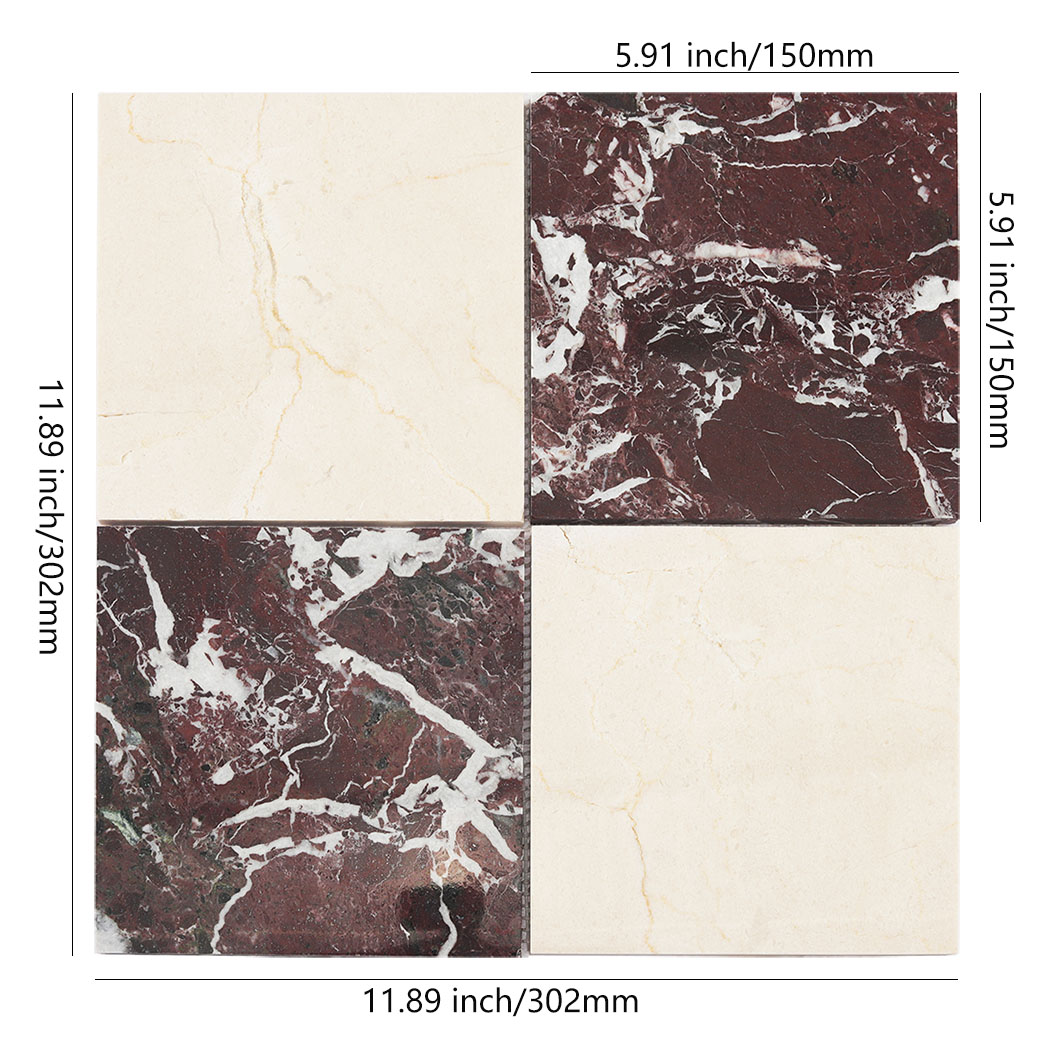 Dimensions of cream and burgundy marble checkered mosaic tile sheet