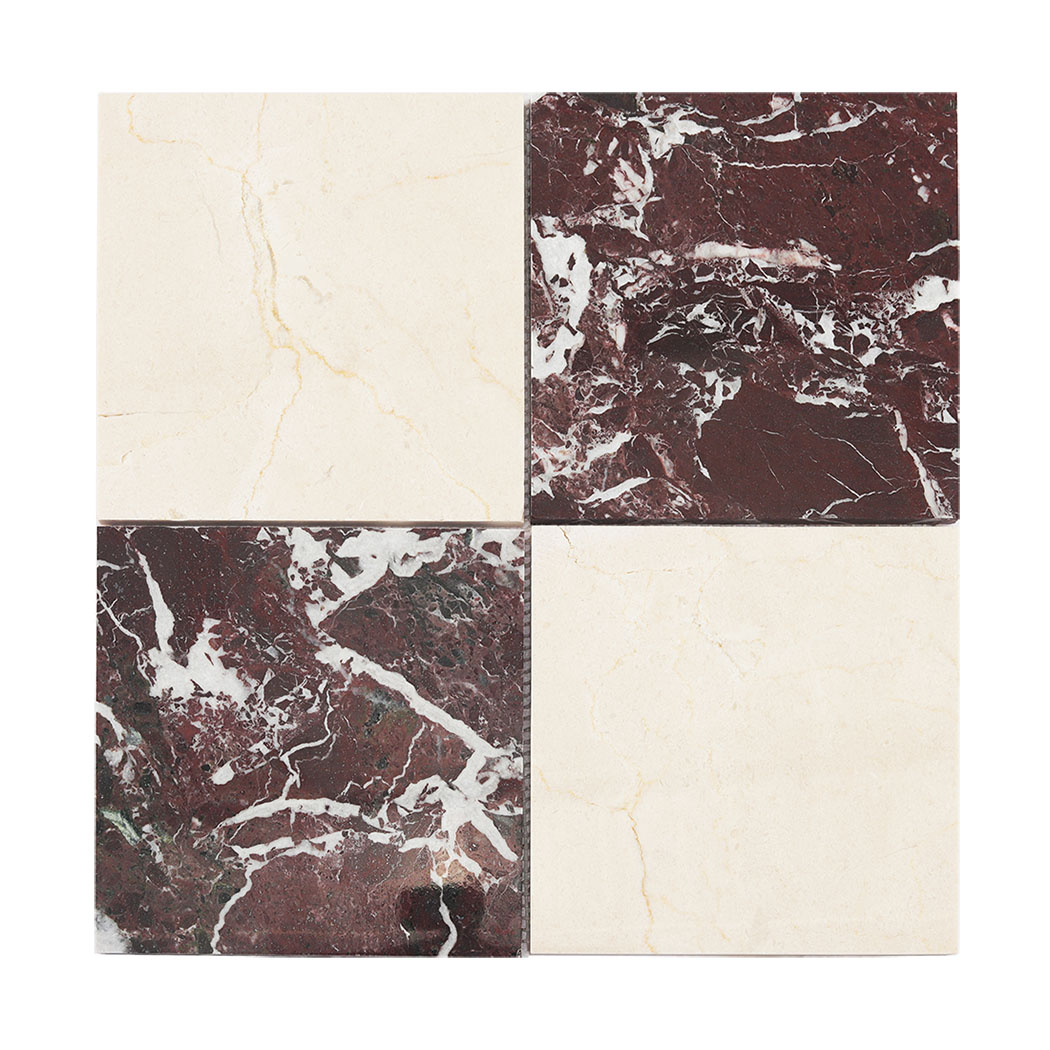 Front view of cream and burgundy marble checkered mosaic tile