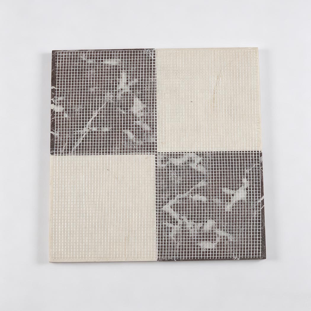 Mesh backing of cream and burgundy marble checkered mosaic tile