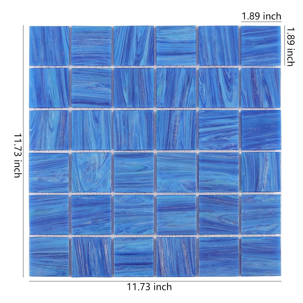 Dark blue glass mosaic tile sheet with 11.73 inch dimension labels