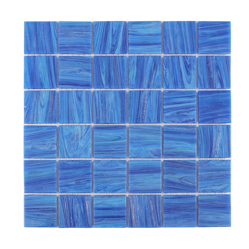 Front view of dark blue glass mosaic tile sheet on white background
