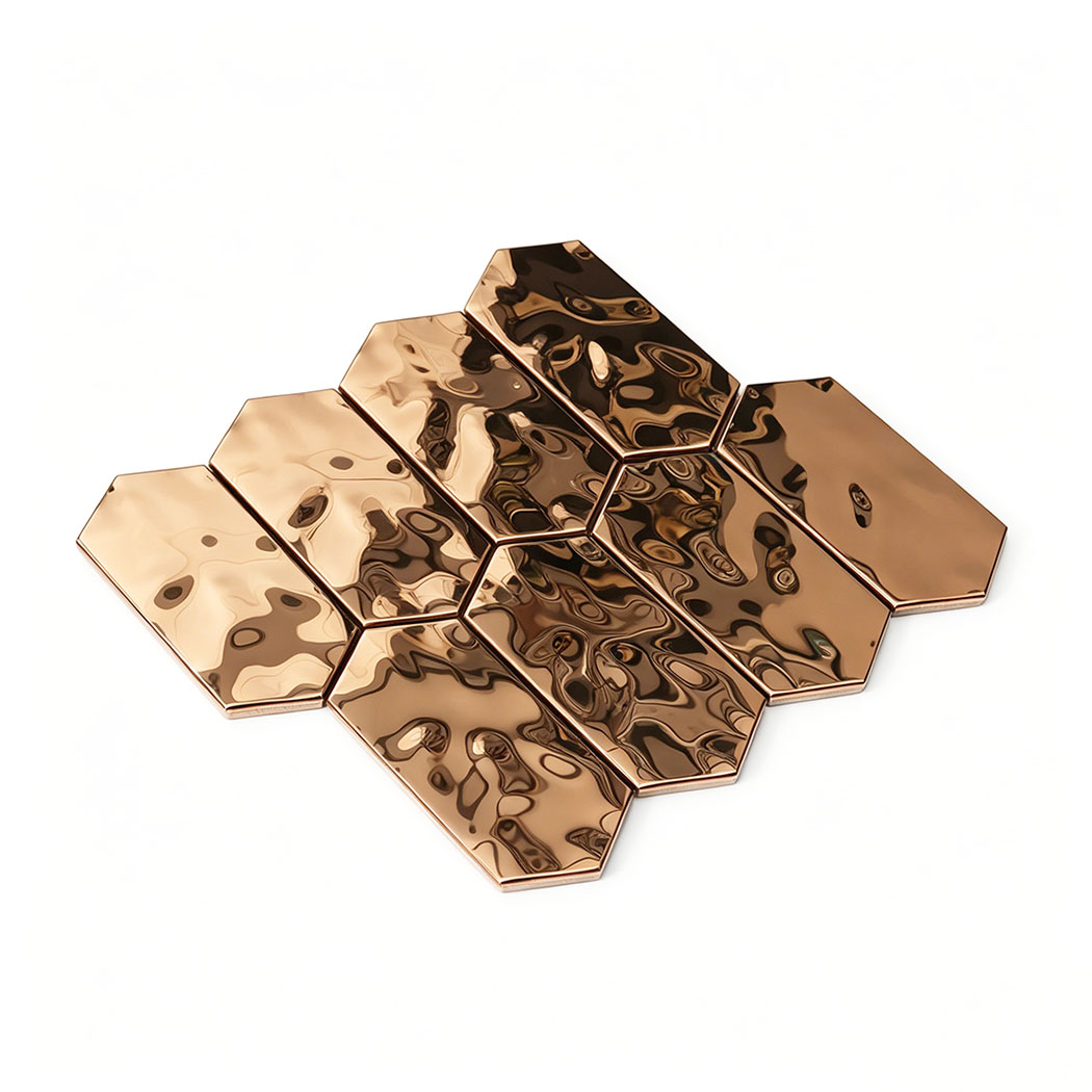 Dark bronze long hexagon metal mosaic tiles arranged in clustered reflective pattern sheet