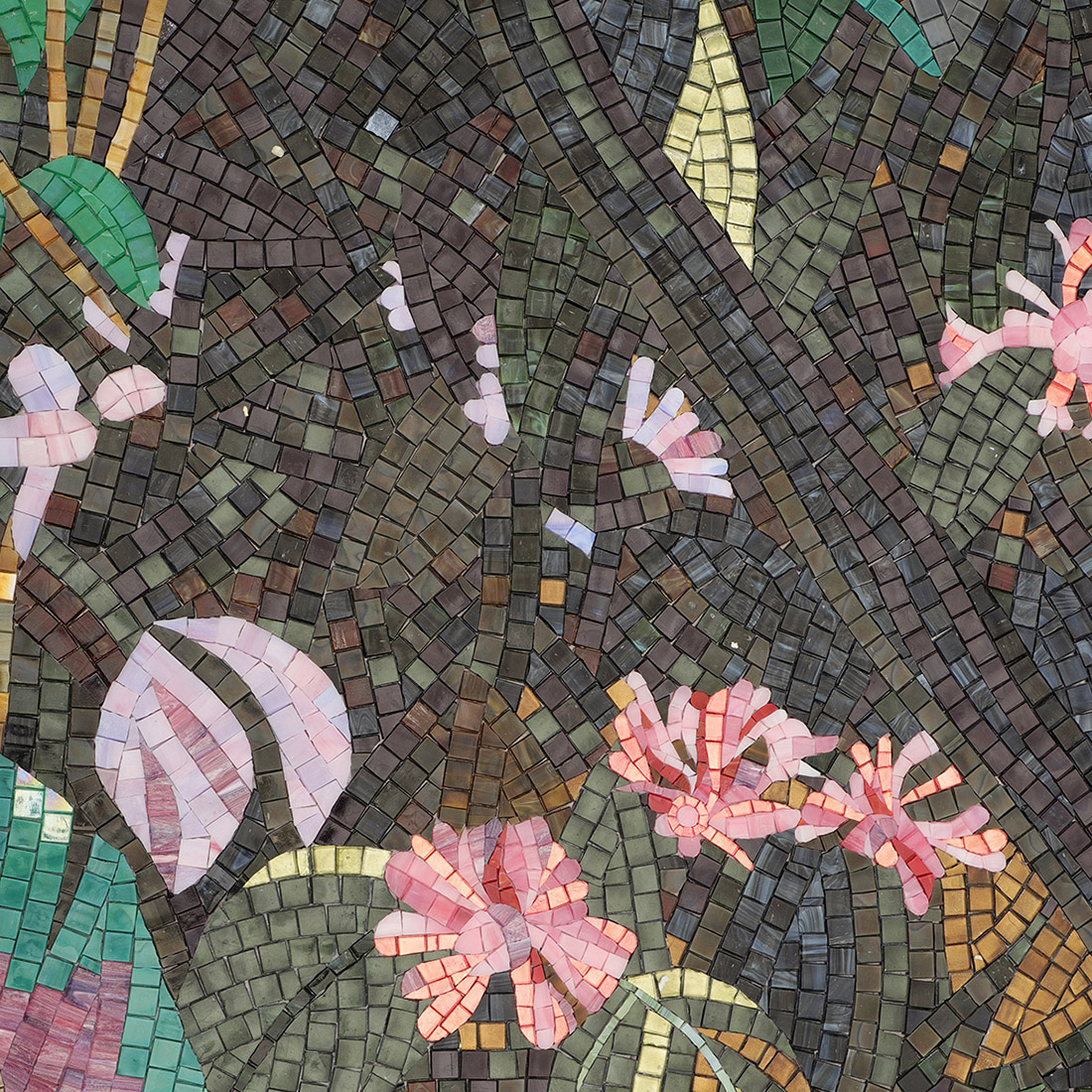 Dark forest mosaic mural with pink flowers and layered green leaves