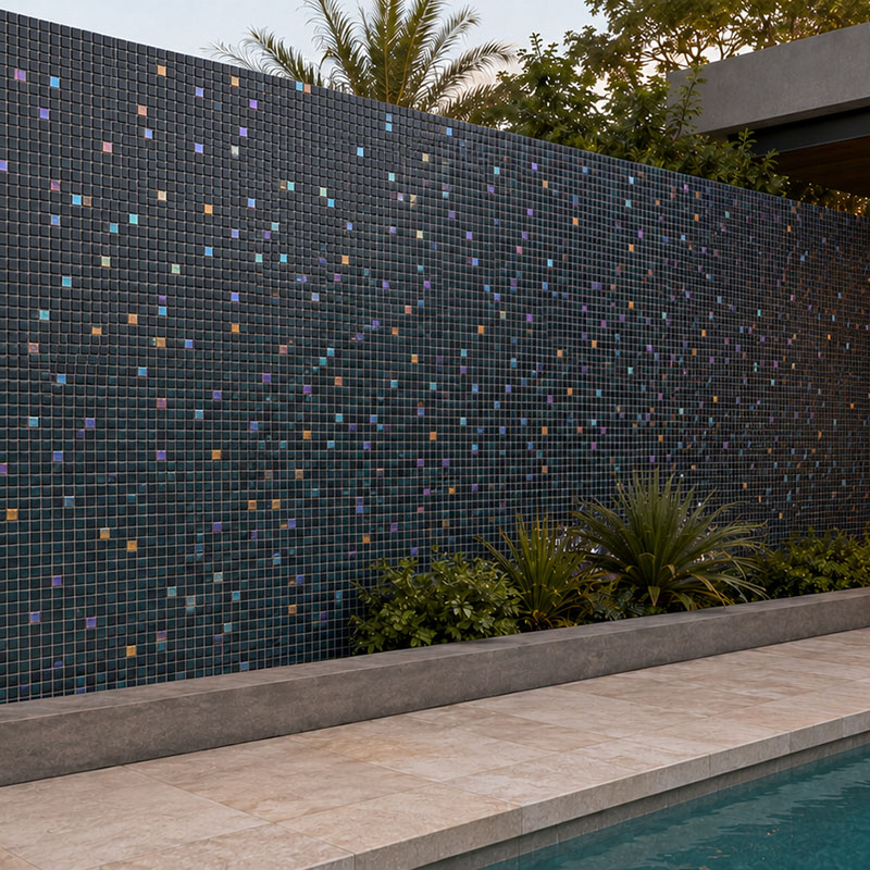 Dark glass mosaic tiles with colorful accents on a landscaped outdoor pool wall
