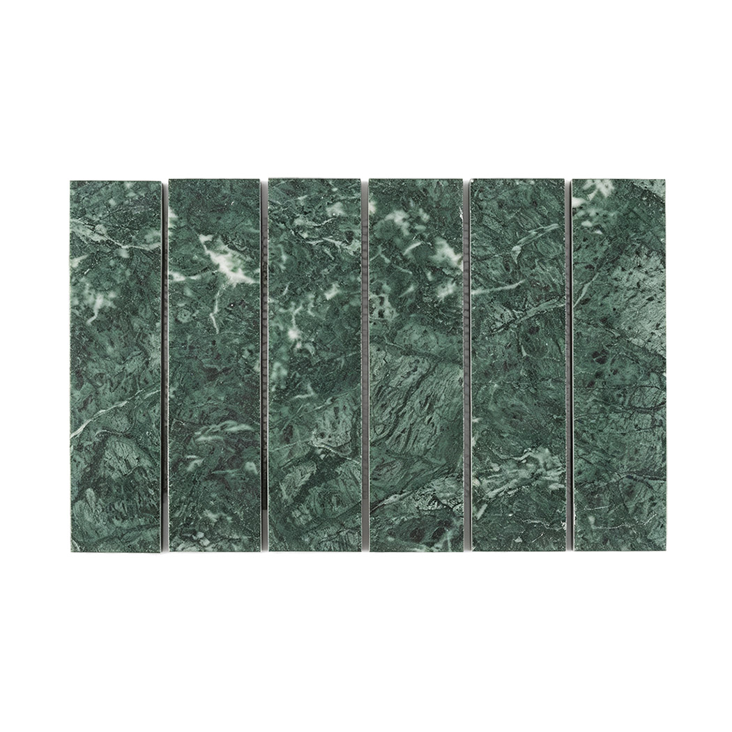Front view of dark green marble strip tile with natural white veins and mottled texture