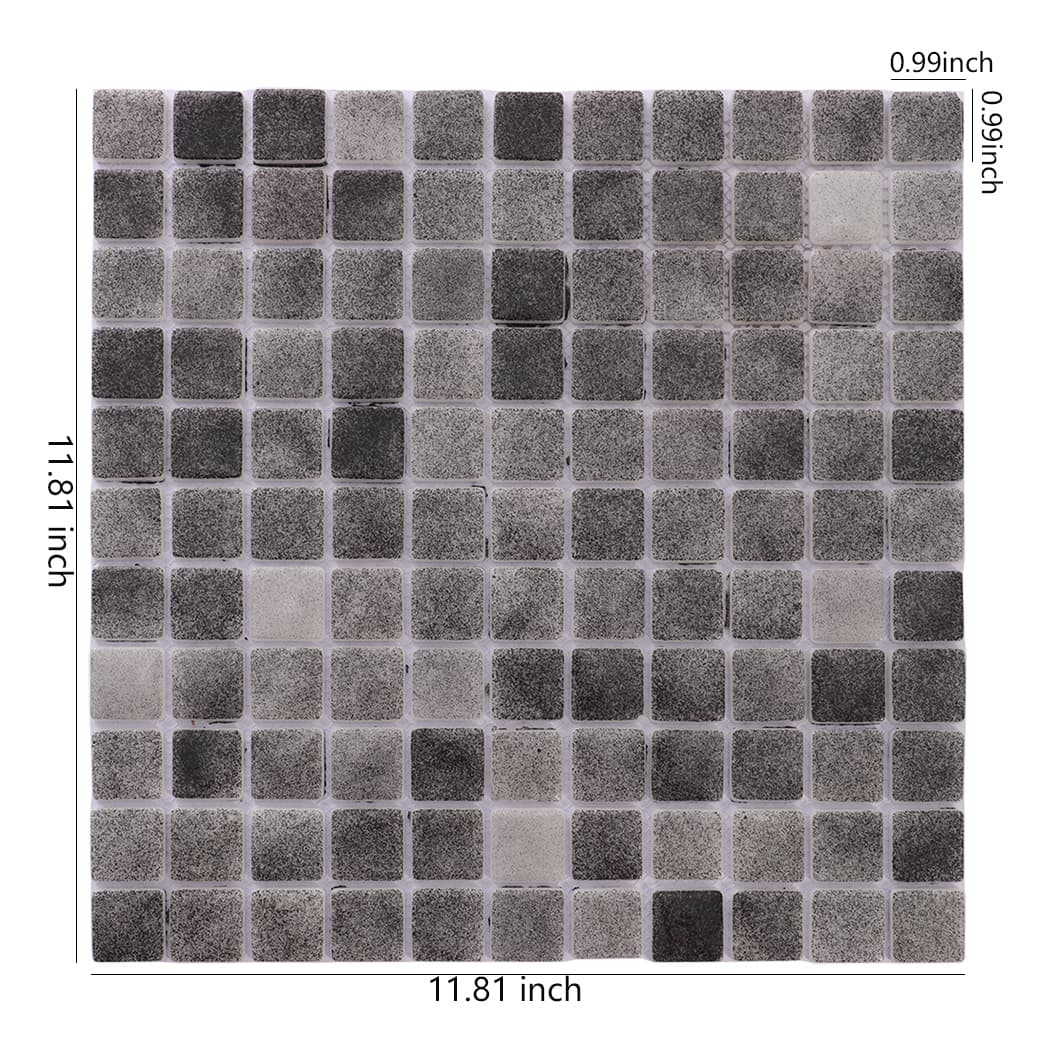 Dark grey recycled glass mosaic tile sheet shown with size measurements