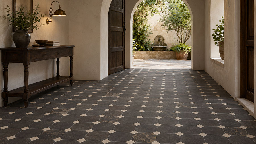 Dark octagon retro floor tiles with cream square accents in an arched entryway