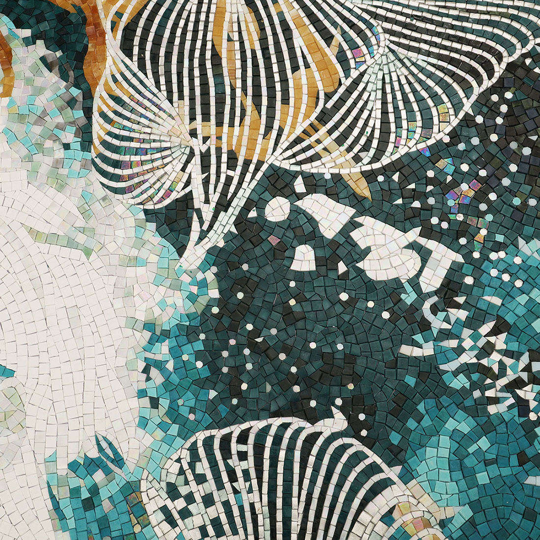 Dark teal abstract mosaic mural detail with white dots and curved handmade lines
