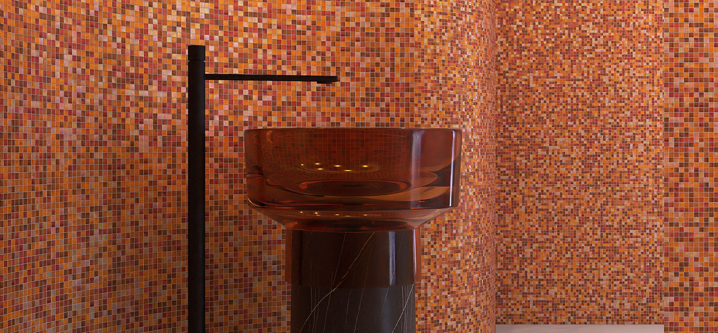 Dark beige tiles in a rich mosaic blend create a warm, modern bathroom backdrop