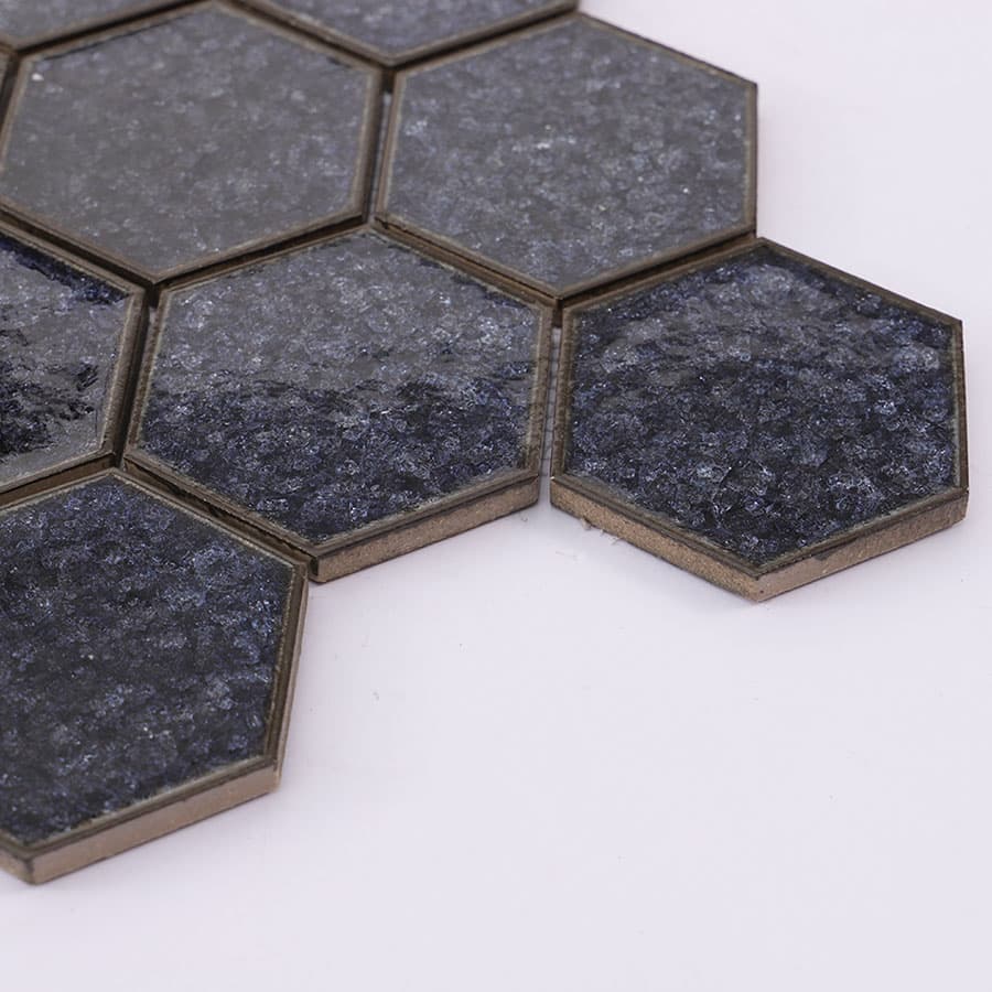 Edge detail of dark gray blue hexagon crackle mosaic tile sheet