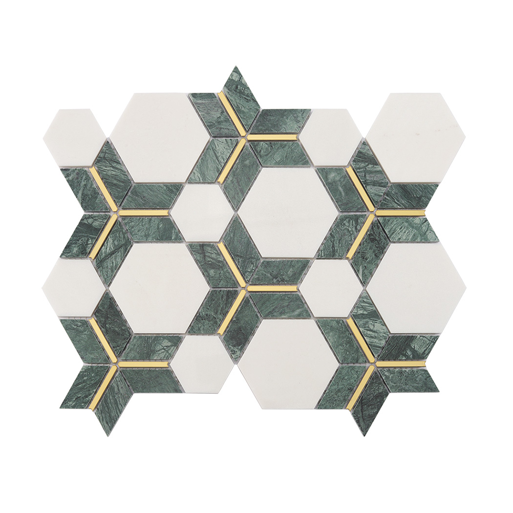 Full sheet of dark green and white marble hexagon mosaic tile with gold metal lines