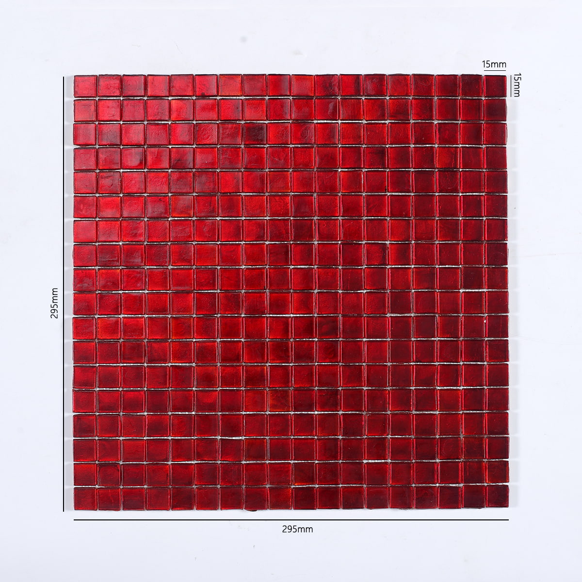 Deep red square glass mosaic tile sheet, 15mm size, perfect for bold backsplash designs