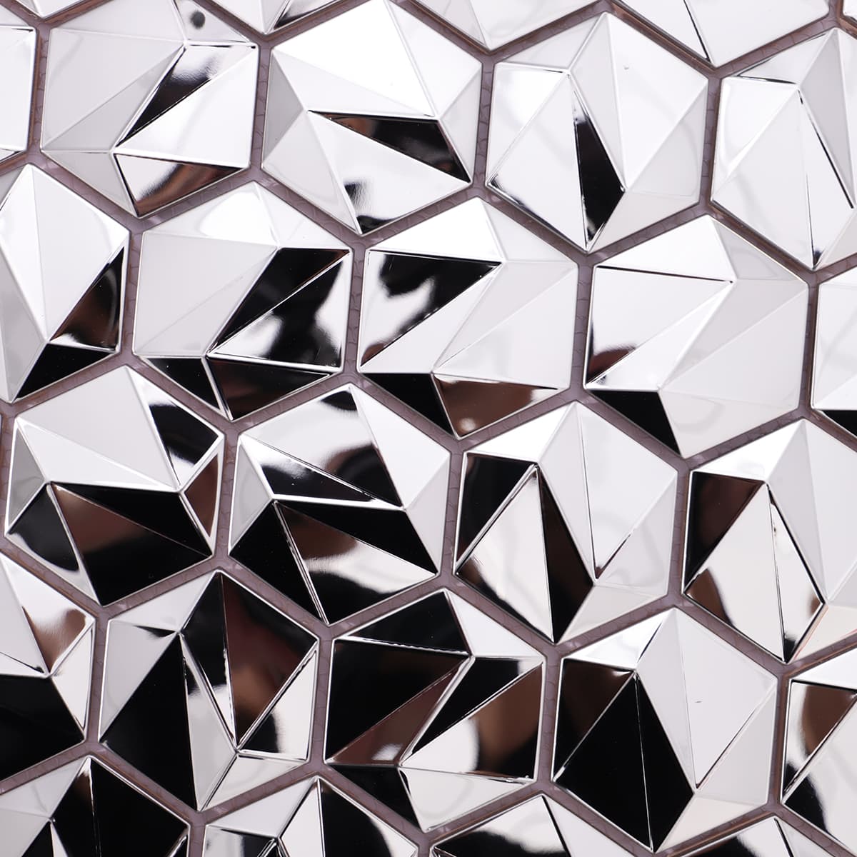 Detailed surface of silver-tone 3D hexagon tiles