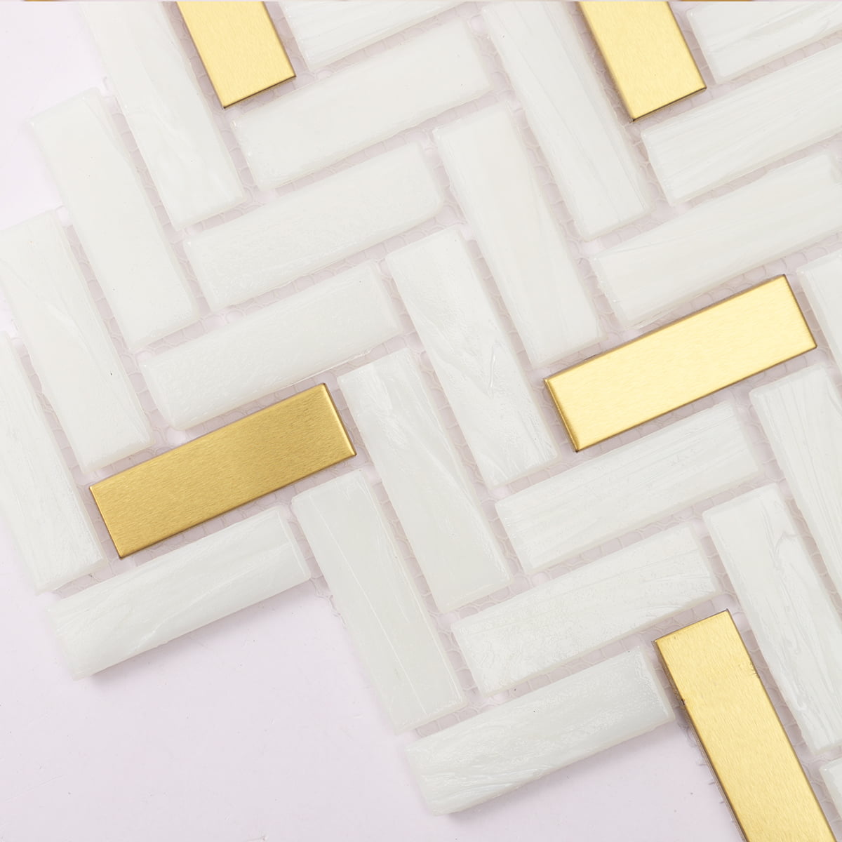 Detailed view of luxurious gold and glass mosaic tile layout