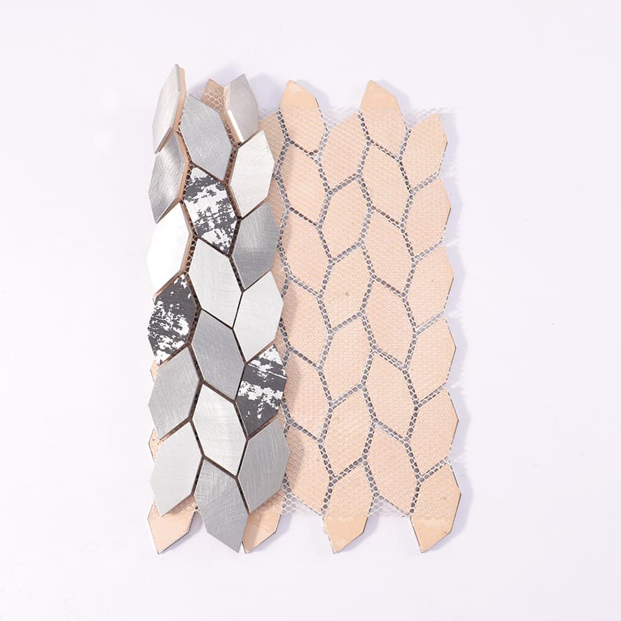 Back view of diamond aluminum mosaic tile sheet with mesh backing for easy installation.