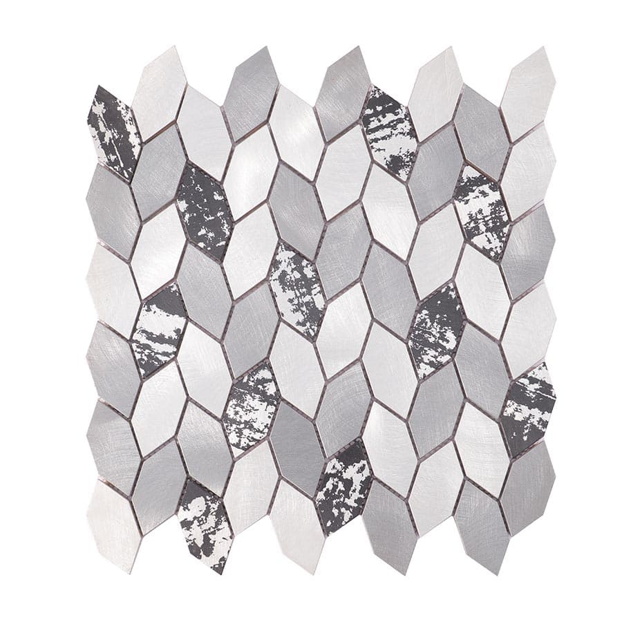 Front view of diamond aluminum mosaic tiles with a mix of brushed silver and textured black pattern.