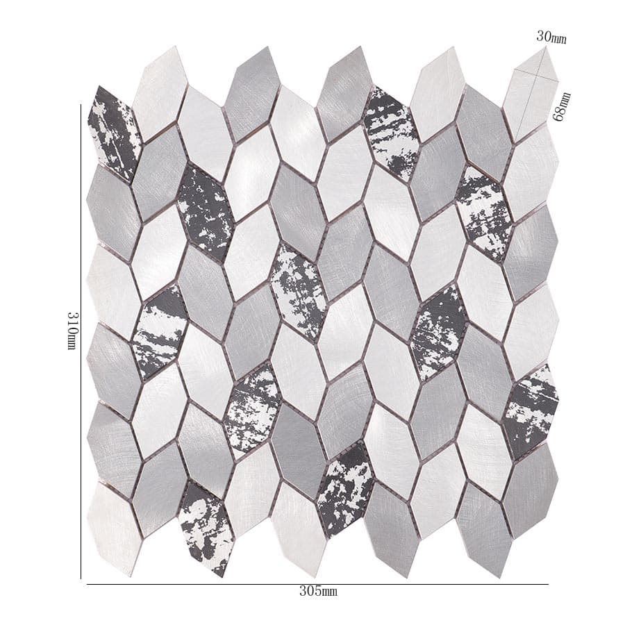 Diamond-shaped brushed aluminum mosaic tile sheet with black and silver tones, 305x310mm in size.
