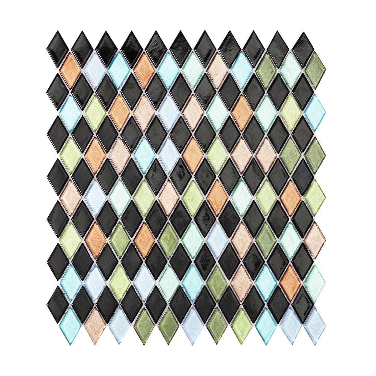 Diamond-pattern glass mosaic tile sheet in black, green, blue, and gold tones 