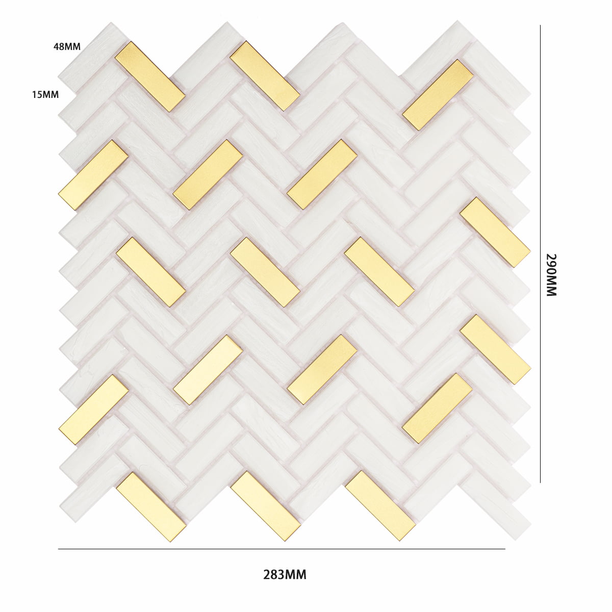 Elegant herringbone mosaic tile with gold accents on a mesh sheet