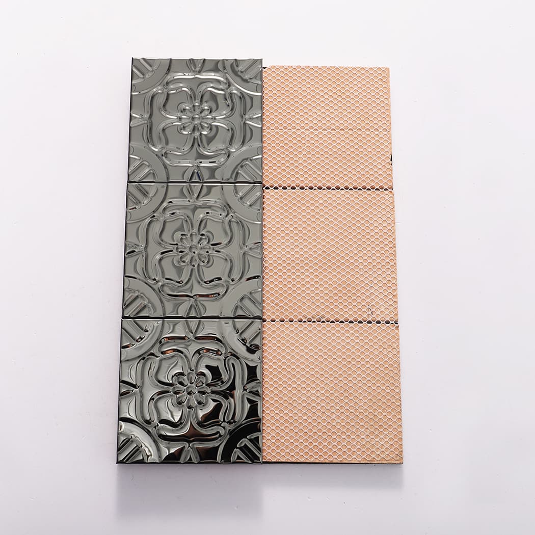 Front and back view showing embossed black metal tiles and mesh backing