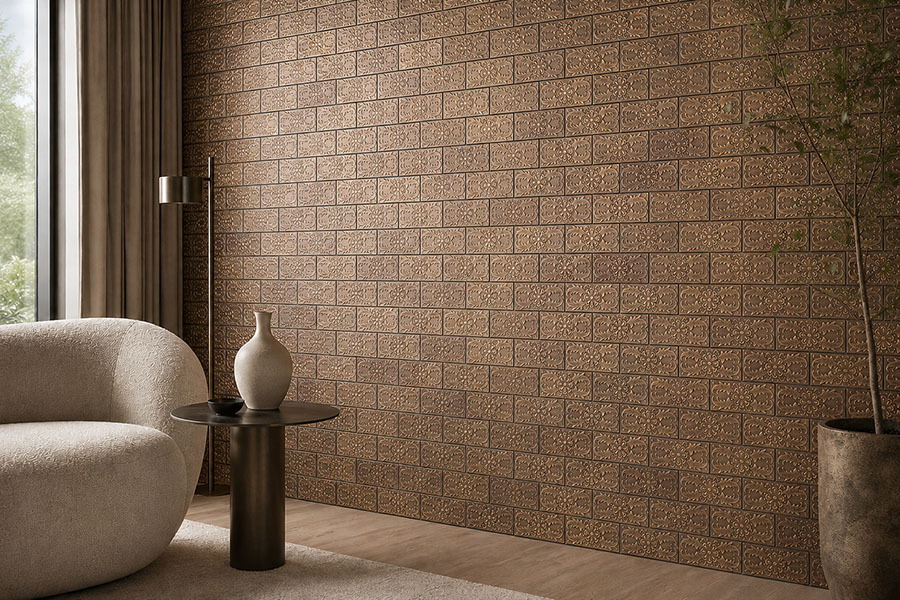 Bronze floral retro wall tiles on a sophisticated living room feature wall