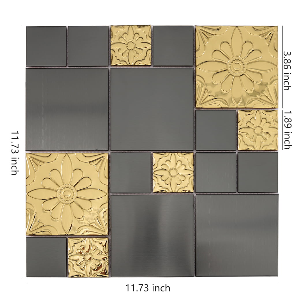 Embossed floral black stainless steel mosaic tile with matte black and gold accent squares