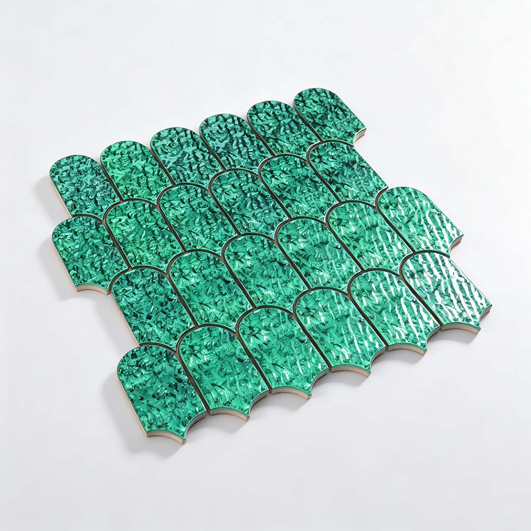 Angled view of an emerald green liquid ripple scallop metal tile sheet