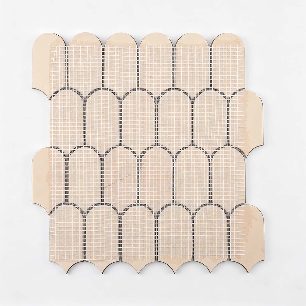 Back view of emerald green ripple scallop metal tile sheet with mesh backing