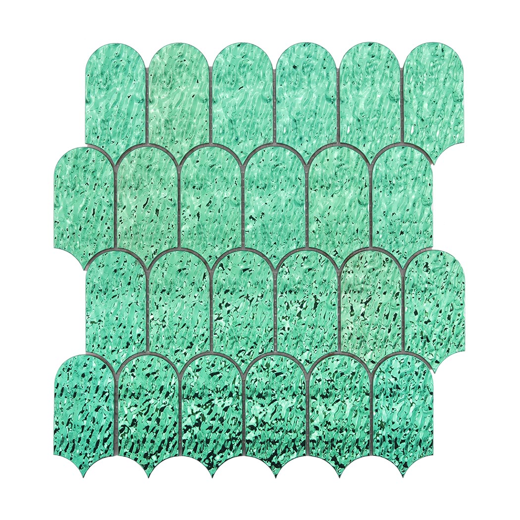 Front view of emerald green liquid ripple scallop metal tile sheet