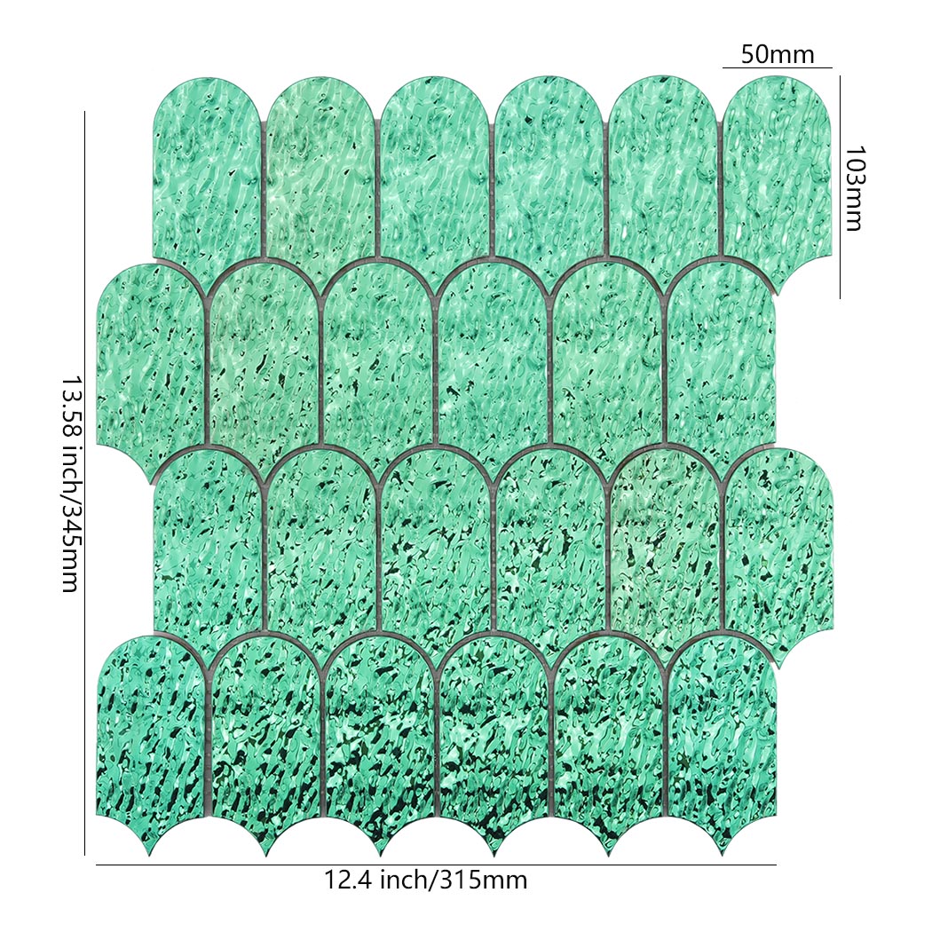 Emerald green liquid ripple scallop metal tile sheet with size details