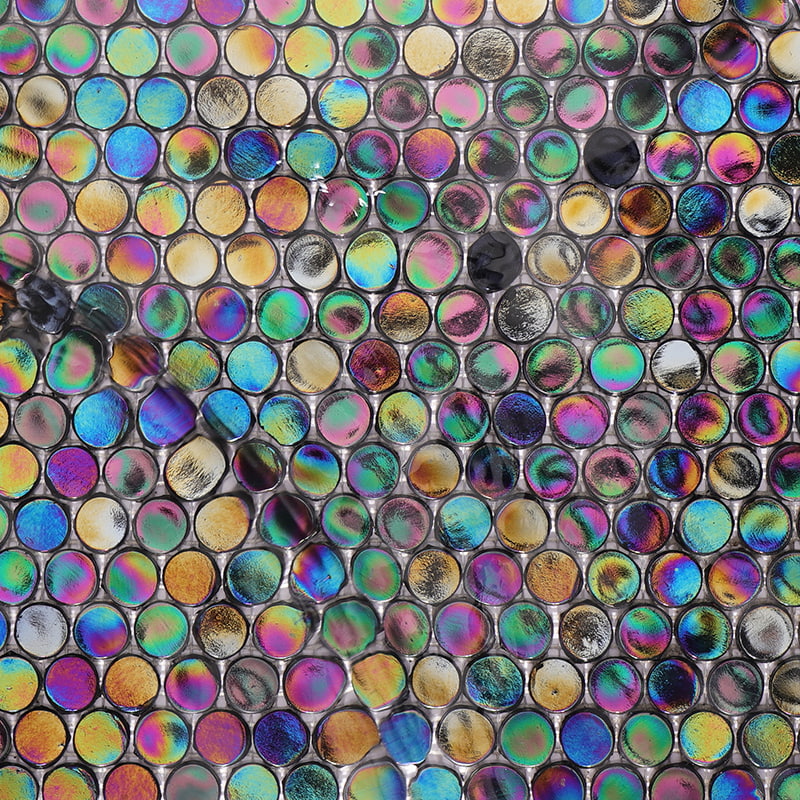 Multicolor iridescent round glass tile for pools and water walls