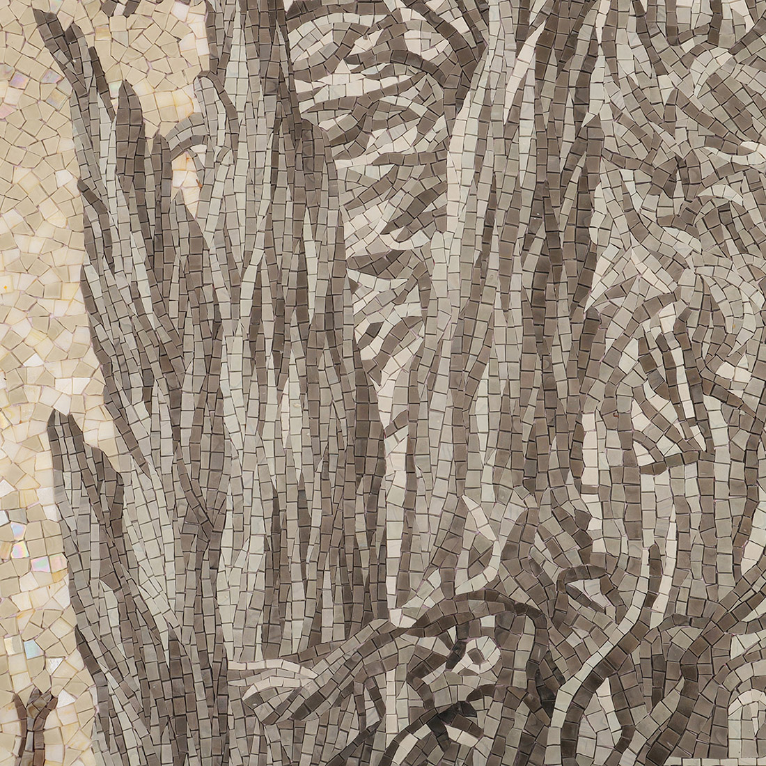 Close-up of tall trees and leaves in a gray European garden mosaic mural