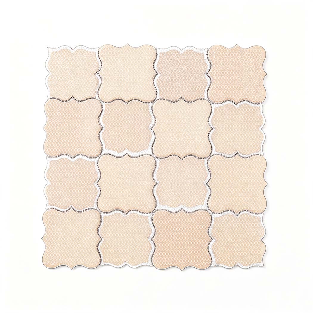 Back view of brown beige floral aluminum mosaic tile sheet with mesh backing
