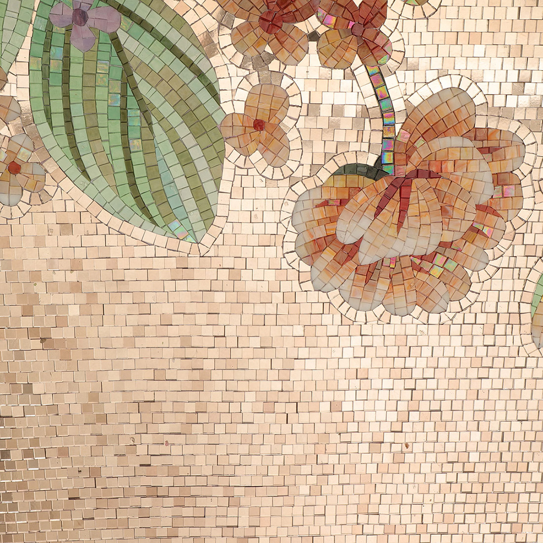 Close-up of pink flower detail in a handmade glass mosaic mural