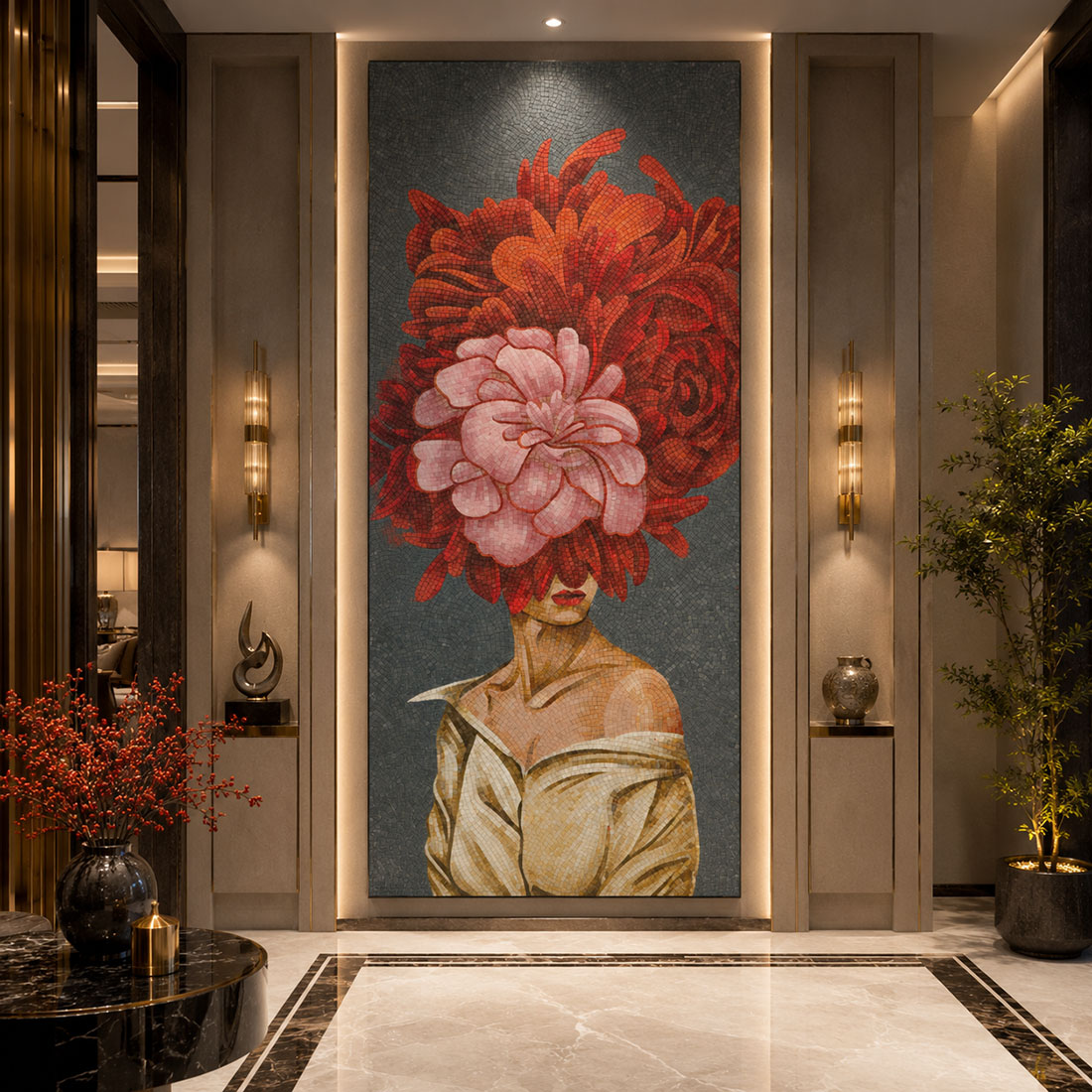 Large floral headpiece mosaic mural installed in a modern hallway setting