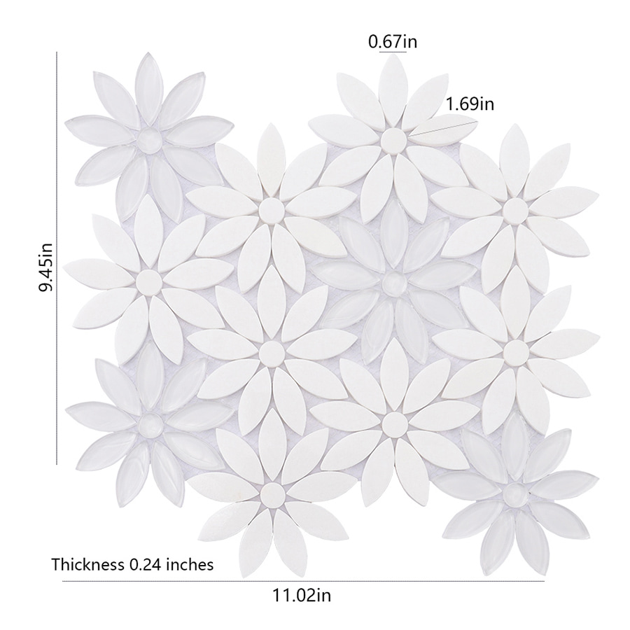 Flower mosaic tile sheet with size measurements