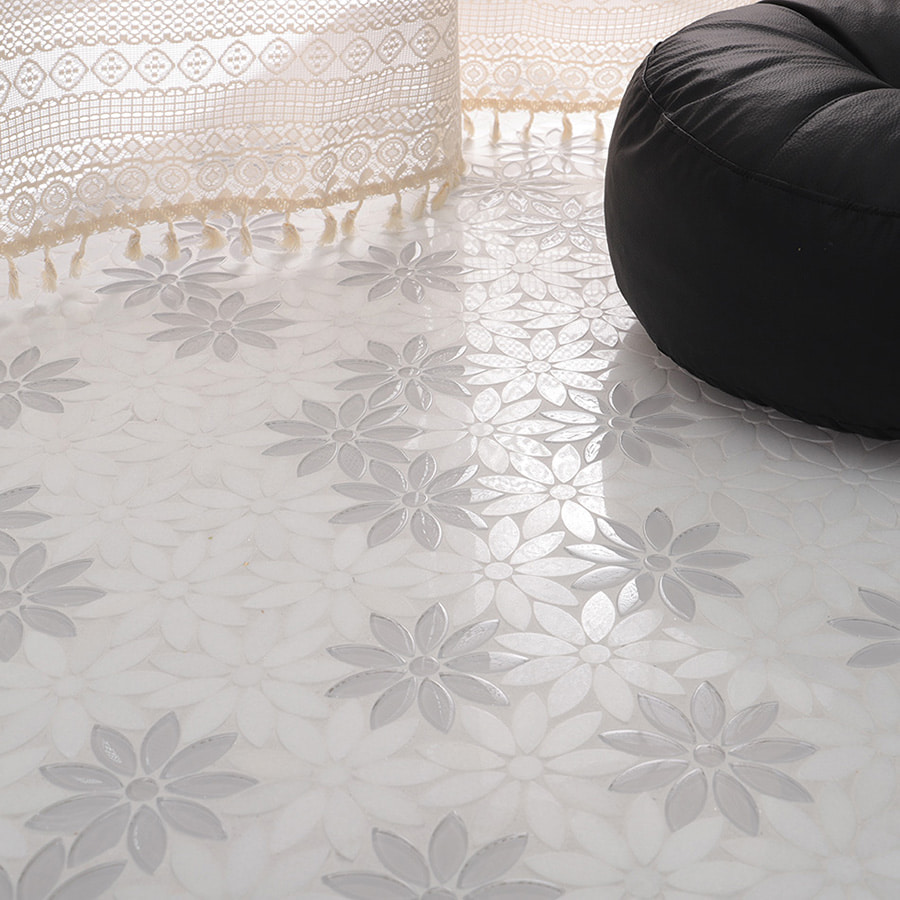 Side angle view of white flower mosaic floor
