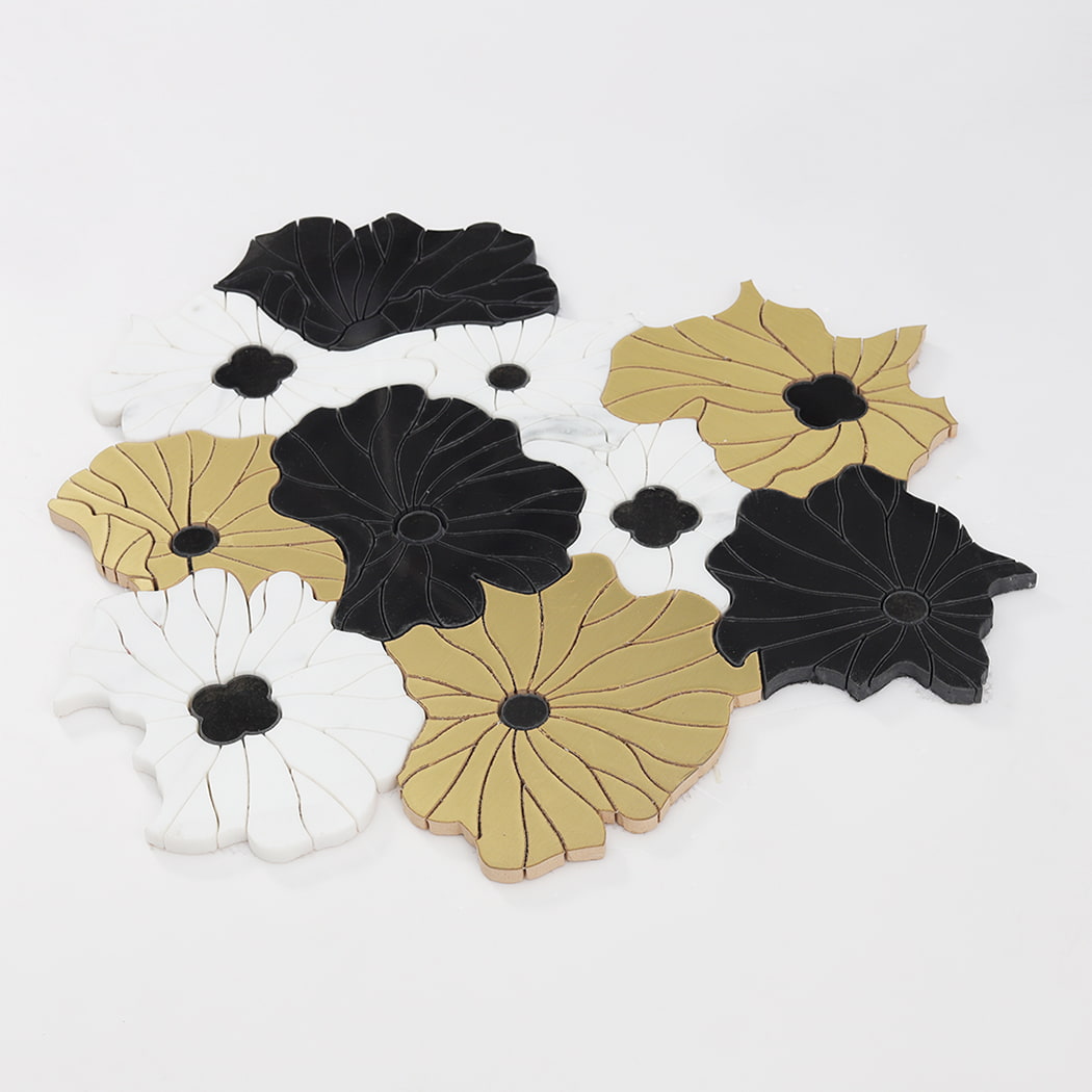 Angled view of flower shaped mosaic wall art showing thickness and shape