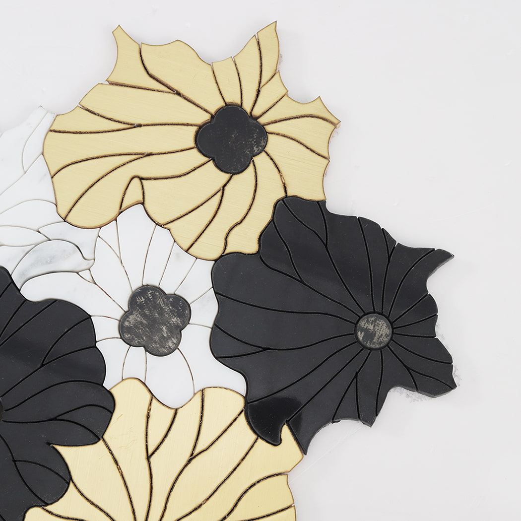 Close up detail of flower shaped mosaic showing petal texture and color contrast