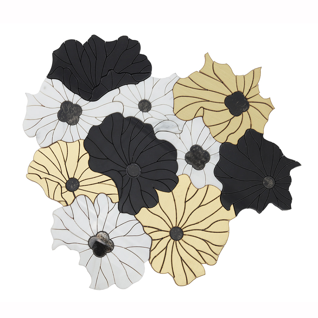 Decorative flower mosaic wall art in black white and gold shown from front view