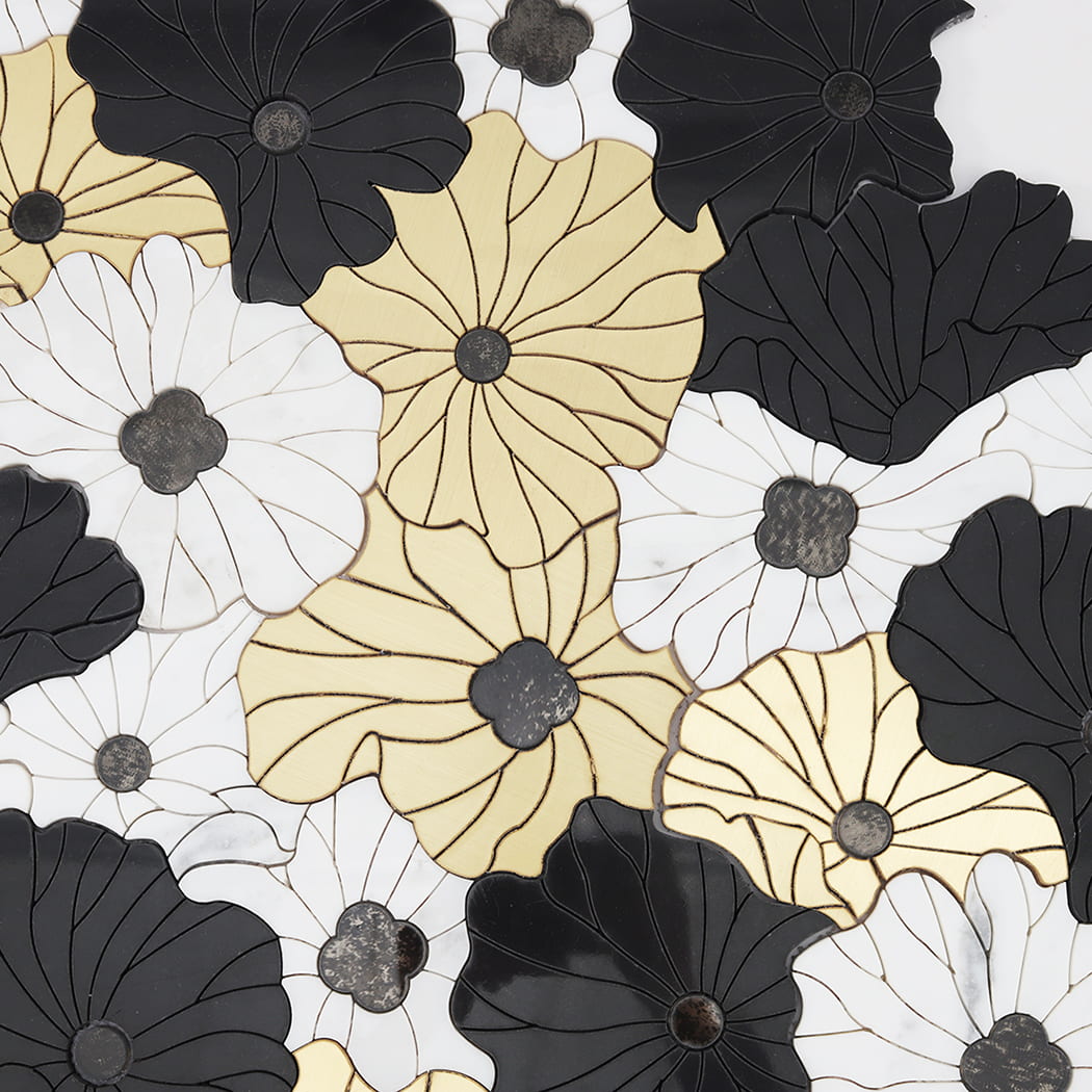 Top view pattern layout of black white and gold flower mosaic wall art