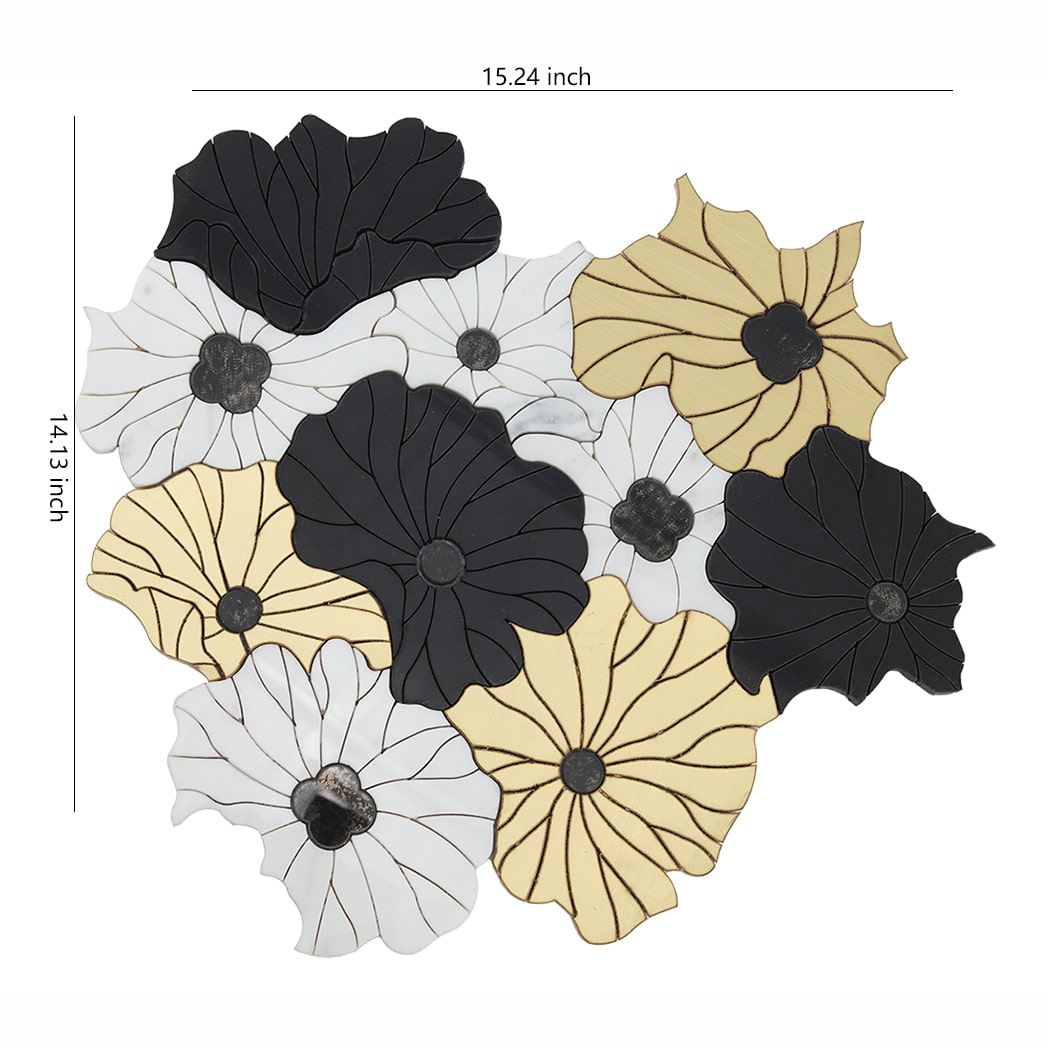 Flower shaped mosaic wall art panel in black white and gold with size dimensions shown