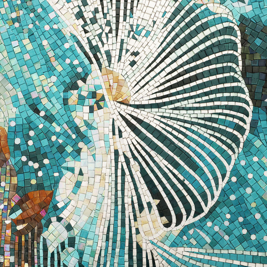 Flowing white line handmade mosaic mural close up with teal and gold accents