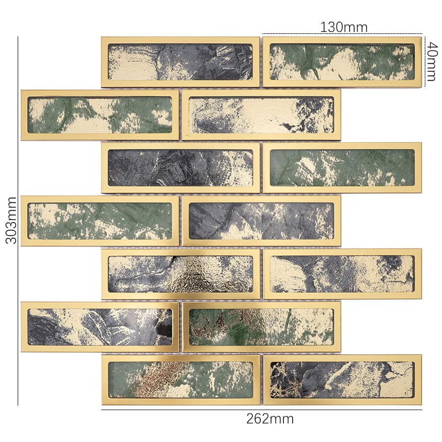 Measured mosaic sheet made of green foil glass in gold stainless steel frames